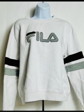 Fila White Sweatshirt Black Gray Stripes Sleeves Women’s Size Large Top